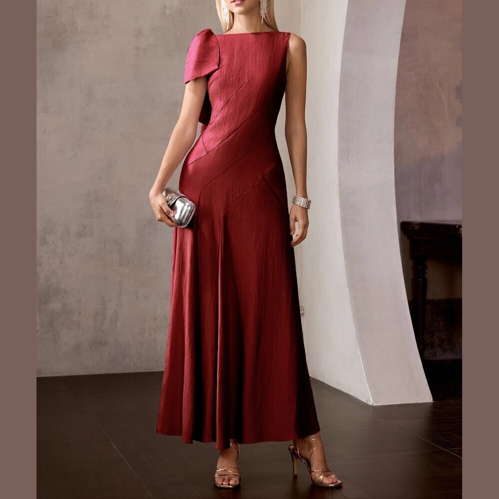 Burgundy Asymmetric One-Shoulder Ruffle Sleeve Maxi Dress